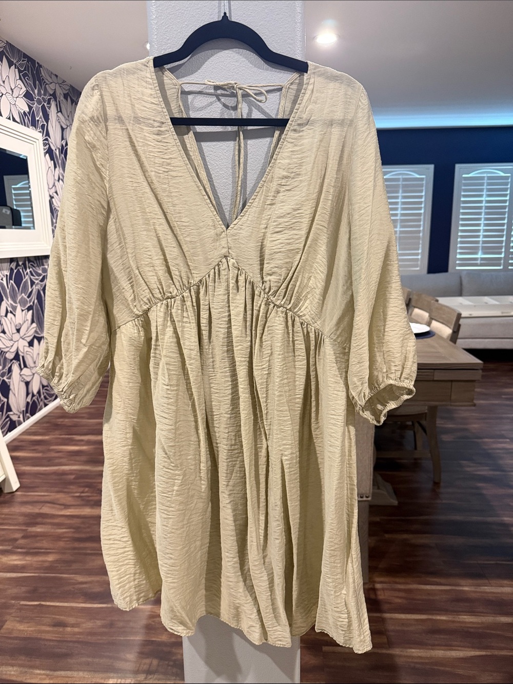 H&M Cream V-Neck Smocked Waist Midi Dress